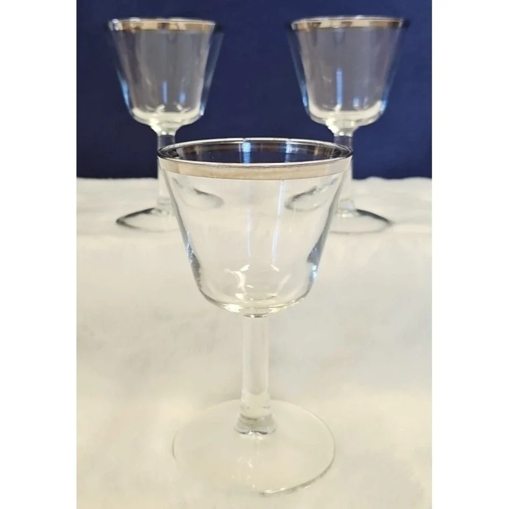 3 Made in France Wine Glasses Silver Rim Footed Stemware‎